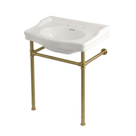 Kingston Brass Victorian 29-15/16" Rectangular Ceramic, Stainless Steel Wall Mounted Bathroom Sink with Overflow and 3 Faucet Holes at 8" Centers White / Brushed Brass