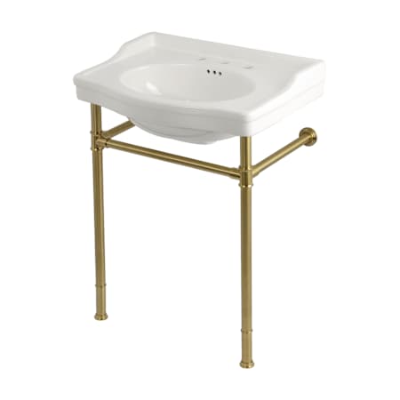 Kingston Brass Victorian 29-15/16" Rectangular Ceramic, Stainless Steel Wall Mounted Bathroom Sink with Overflow and 3 Faucet Holes at 8" Centers White / Brushed Brass