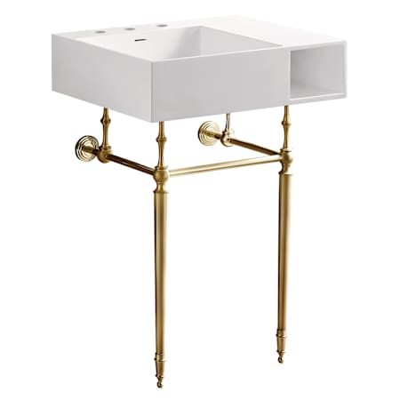 Kingston Brass Aurelius 24-1/2" Rectangular Brass, Solid Surface Console Bathroom Sink with Overflow and 3 Faucet Holes at 8" Centers Matte White / Brushed Brass