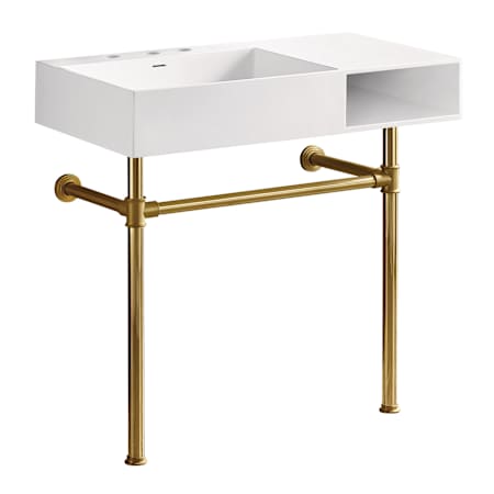 Kingston Brass Aurelius 36-5/8" Rectangular Solid Surface, Stainless Steel Console Bathroom Sink with Overflow and 3 Faucet Holes at 8" Centers Matte White / Brushed Brass