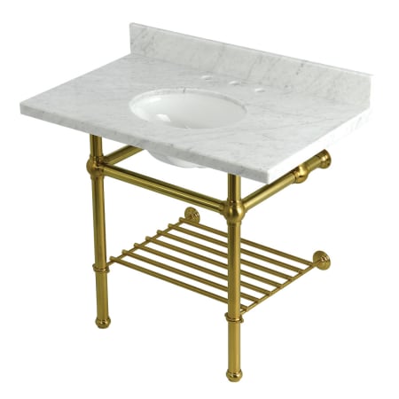 Kingston Brass Templeton 36" Rectangular Brass, Marble Console Bathroom Sink with Overflow and 3 Faucet Holes at 8" Centers Carrara Marble / Brushed Brass