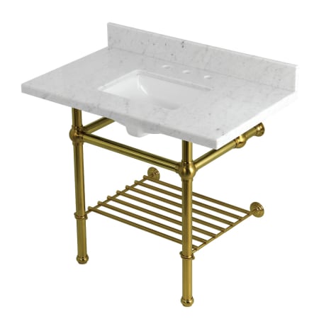 Kingston Brass Templeton 36" Rectangular Brass, Marble Console Bathroom Sink with Overflow and 3 Faucet Holes at 8" Centers Carrara Marble / Brushed Brass