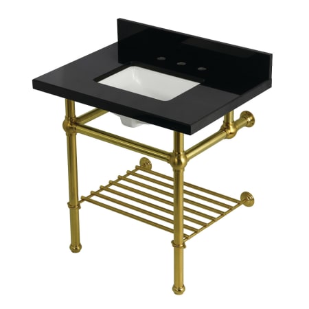 Kingston Brass Templeton 30" Rectangular Brass, Granite Console Bathroom Sink with Overflow and 3 Faucet Holes at 8" Centers Black Granite / Brushed Brass