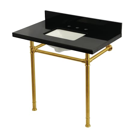 Kingston Brass Imperial 36" Rectangular Granite, Stainless Steel Wall Mounted Bathroom Sink with Overflow and 3 Faucet Holes at 8" Centers Black Granite / Brushed Brass