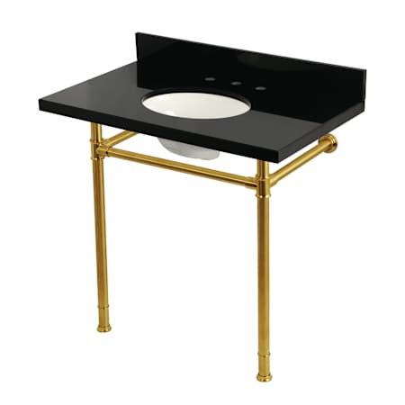 Kingston Brass Imperial 36" Rectangular Granite, Stainless Steel Wall Mounted Bathroom Sink with Overflow and 3 Faucet Holes at 8" Centers Black Granite / Brushed Brass