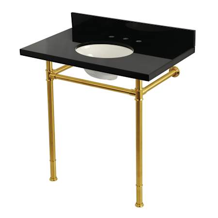 Kingston Brass Imperial 36" Rectangular Granite, Stainless Steel Wall Mounted Bathroom Sink with Overflow and 3 Faucet Holes at 8" Centers Black Granite / Brushed Brass