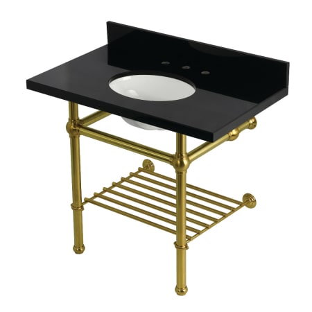 Kingston Brass Templeton 36" Rectangular Brass, Granite Console Bathroom Sink with Overflow and 3 Faucet Holes at 8" Centers Black Granite / Brushed Brass