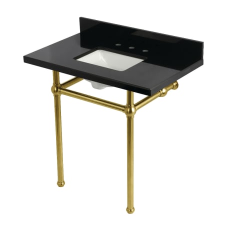 Kingston Brass Templeton 36" Rectangular Brass, Granite Console Bathroom Sink with Overflow and 3 Faucet Holes at 8" Centers Black Granite / Brushed Brass