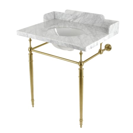 Kingston Brass Habsburg 30" Rectangular Brass, Marble Console Bathroom Sink with Overflow and 3 Faucet Holes at 8" Centers Marble White / Brushed Brass