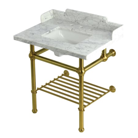 Kingston Brass Pemberton 30" Rectangular Brass, Marble, Stainless Steel Console Bathroom Sink with Overflow and 3 Faucet Holes at 8" Centers Marble White / Brushed Brass