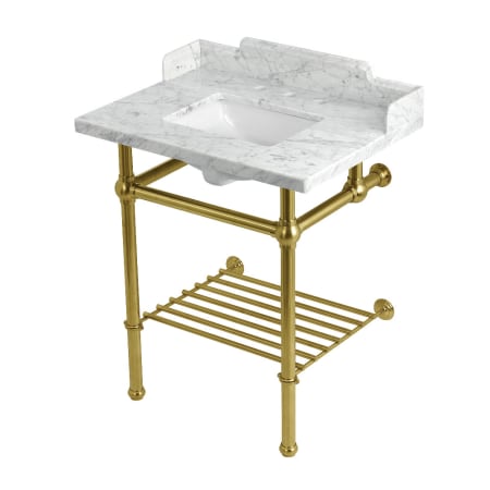 Kingston Brass Pemberton 30" Rectangular Brass, Marble, Stainless Steel Console Bathroom Sink with Overflow and 3 Faucet Holes at 8" Centers Marble White / Brushed Brass