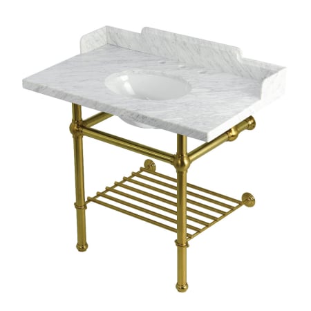 Kingston Brass Pemberton 36" Rectangular Brass, Marble, Stainless Steel Console Bathroom Sink with Overflow and 3 Faucet Holes at 8" Centers Marble White / Brushed Brass