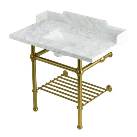 Kingston Brass Pemberton 36" Rectangular Brass, Marble, Stainless Steel Console Bathroom Sink with Overflow and 3 Faucet Holes at 8" Centers Marble White / Brushed Brass