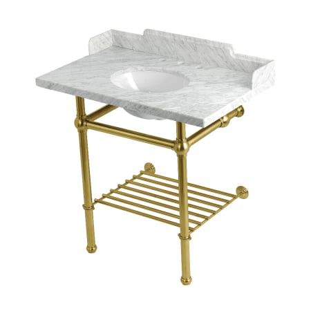 Kingston Brass Pemberton 36" Rectangular Brass, Marble, Stainless Steel Console Bathroom Sink with Overflow and 3 Faucet Holes at 8" Centers Marble White / Brushed Brass