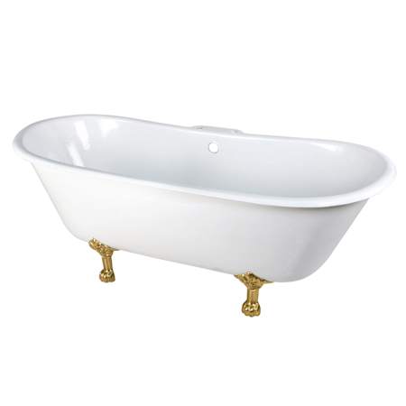 Kingston Brass Aqua Eden 67" Clawfoot Cast Iron Soaking Tub with Front Drain, Overflow and Predrilled Faucet Holes White / Brushed Brass