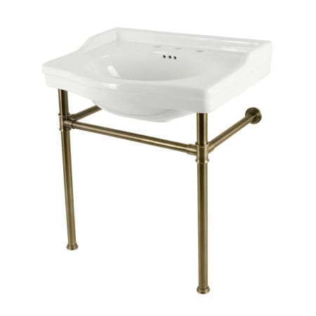 Kingston Brass Victorian 29-15/16" Rectangular Ceramic and Stainless Steel Console Bathroom Sink with Overflow and 3 Faucet Holes at 8" Centers Antique Brass