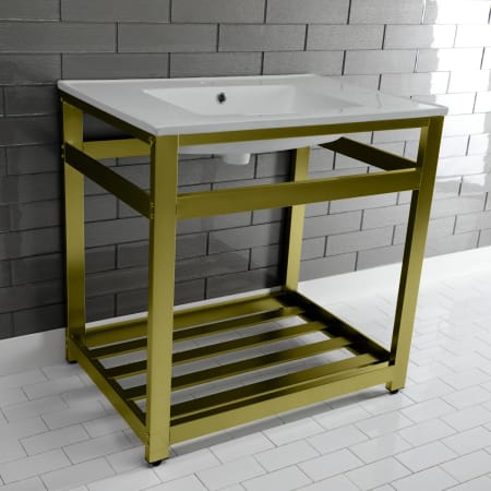 Kingston Brass 31" Wide Ceramic Console Sink White / Brushed Brass