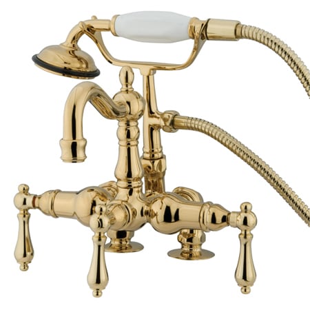 Kingston Brass Vintage Deck Mounted Clawfoot Tub Filler with Personal Hand Shower and Metal Lever Handles Polished Brass