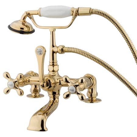 Kingston Brass Vintage Deck Mounted Clawfoot Tub Filler with Personal Hand Shower and Metal Cross Handles Polished Brass