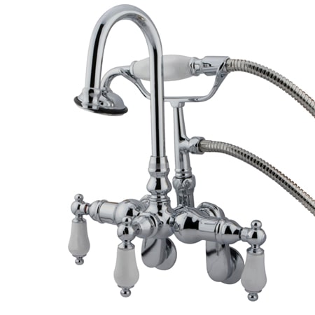 Kingston Brass Vintage Wall Mounted Clawfoot Tub Filler with Personal Hand Shower and Porcelain Lever Handles Polished Chrome