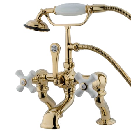 Kingston Brass Vintage Deck Mounted Clawfoot Tub Filler with Personal Hand Shower and Porcelain Cross Handles Polished Brass