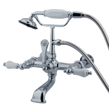 Kingston Brass Vintage Wall Mounted Clawfoot Tub Filler with Personal Hand Shower and Porcelain Lever Handles Polished Chrome