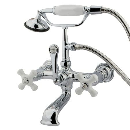 Kingston Brass Vintage Wall Mounted Clawfoot Tub Filler with Personal Hand Shower and Porcelain Cross Handles Polished Chrome