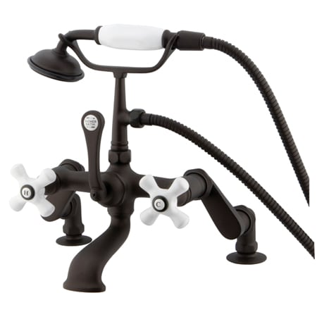 Kingston Brass Vintage Deck Mounted Clawfoot Tub Filler with Personal Hand Shower and Porcelain Cross Handles Oil Rubbed Bronze
