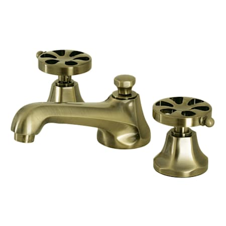 Kingston Brass Belknap 1.2 GPM Deck Mounted Widespread Bathroom Faucet with Pop-Up Drain Assembly Antique Brass