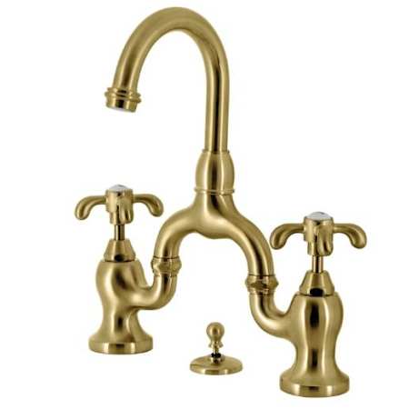 Kingston Brass French Country 1.2 GPM Bridge Bathroom Faucet with Pop-Up Drain Assembly Brushed Brass