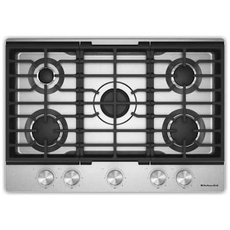 KitchenAid 30 Inch Wide 5 Burner Gas Cooktop with Knob Controls and Simmer Burner Stainless Steel