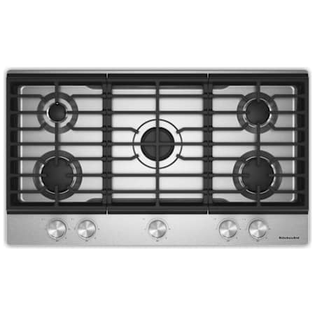 KitchenAid 36 Inch Wide 5 Burner Gas Cooktop with Knob Controls and Simmer Burner Stainless Steel