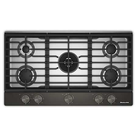 KitchenAid 36 Inch Wide 5 Burner Gas Cooktop with Knob Controls and Dual Ring Burner Black Ore