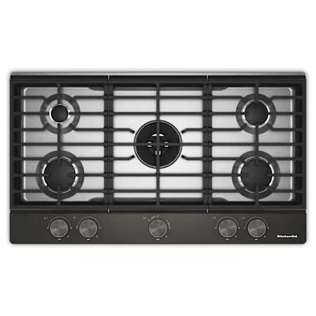 KitchenAid 36 Inch Wide 5 Burner Gas Cooktop with Knob Controls and Backlit Knobs Black Ore