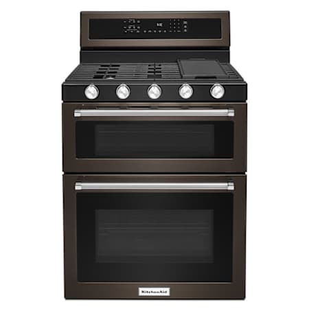 KitchenAid 30 Inch Wide 6.0 Cu. Ft. Gas Freestanding Range with Double Ovens and Even-Heat Convection Black Stainless