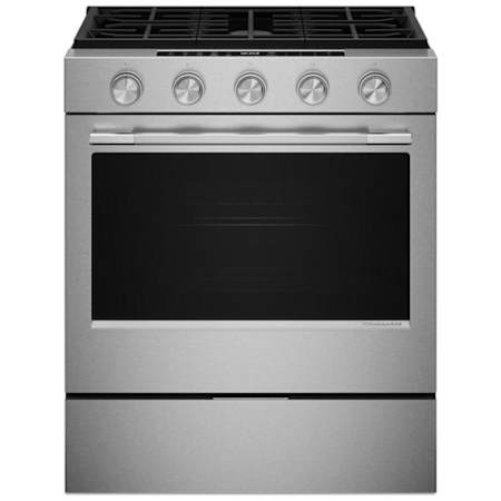 KitchenAid 30 Inch Wide 5 Cu. Ft. Free Standing, Slide In Fingerprint Resistant Gas Range with Steam Clean and Even-Heat True Convection Fingerprint Resistant Stainless Steel