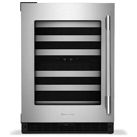 KitchenAid 24 Inch Wide 46 Bottle Capacity Left Hinge Built-In / Free Standing Wine Cooler with Temperature Monitoring System and Door Alarm Black / Stainless Steel