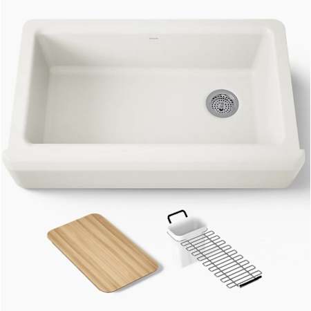 Kohler Riverby 35-11/16" Undermount Single Basin Cast Iron Kitchen Sink with Basin Rack and Cutting Board Biscuit
