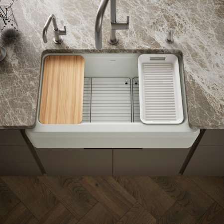 Kohler Riverby 35-11/16" Undermount Single Basin Cast Iron Kitchen Sink with Basin Rack and Cutting Board Sea Salt