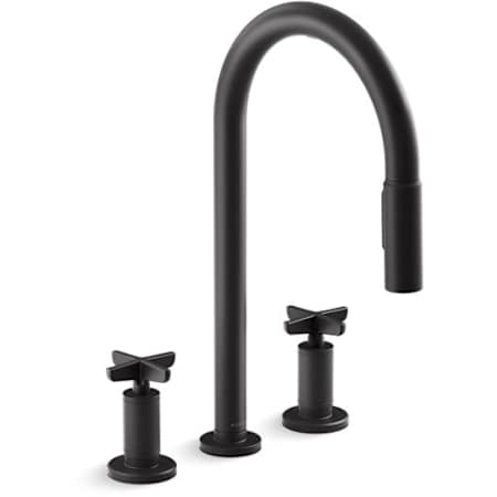 Kohler Billet 1.5 GPM Widespread Pull Down Kitchen Faucet with Cross Handles - Includes Escutcheon Matte Black