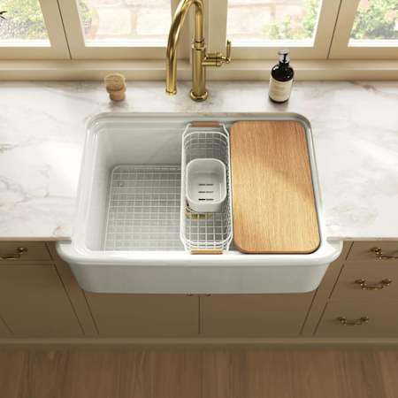 Kohler Audrine by Studio McGee 32-1/2" Farmhouse Workstation Single Basin Fireclay Kitchen Sink with Basin Rack, Colander and Cutting Board Dune