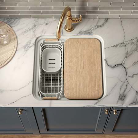 Kohler Audrine by Studio McGee 18-5/8" Undermount Workstation Single Basin Fireclay Kitchen Sink with Basin Rack, Colander and Cutting Board Dune