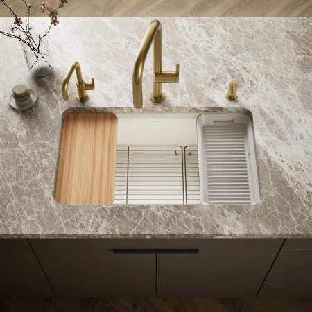 Kohler Riverby 33" Undermount Single-Bowl Enameled Cast Iron Workstation Kitchen Sink Biscuit
