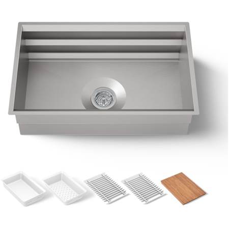 Kohler Prolific 29" Undermount Stainless Steel Single Basin Kitchen Sink with SilentShield Technology, Bamboo Cutting Board, 2 Multipurpose Racks, Colander, and Washbin Stainless Steel