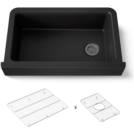 Kohler Cairn 34" Undermount Single Bowl Farmhouse Neoroc Composite Kitchen Sink with Bottom Sink Rack and Towel Hook Matte Black
