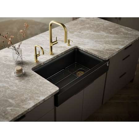 Kohler Cairn 34" Undermount Single Bowl Farmhouse Neoroc Composite Kitchen Sink with Bottom Sink Rack and Towel Hook Matte Black