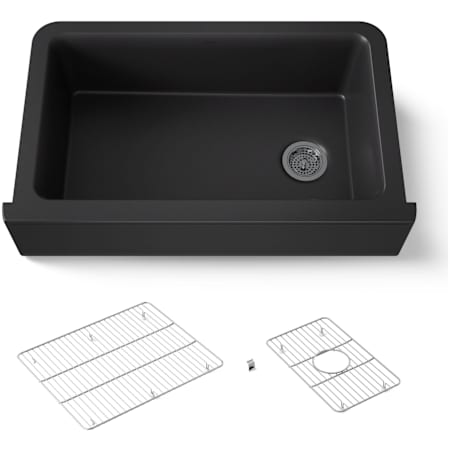 Kohler Cairn 34" Undermount Single Bowl Farmhouse Neoroc Composite Kitchen Sink with Two-Piece Sink Rack and Towel Hook Matte Black