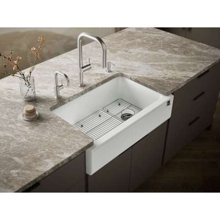 Kohler Cairn 34" Undermount Single Bowl Farmhouse Neoroc Composite Kitchen Sink with Two-Piece Sink Rack and Towel Hook Matte White