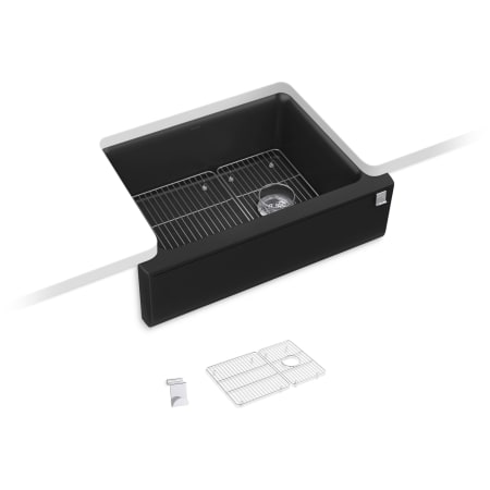 Kohler Cairn 29-11/16" Undermount Single Bowl Farmhouse Neoroc Granite Composite Kitchen Sink with Two-Piece Sink Rack and Towel Hook Matte Black