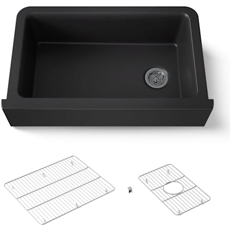 Kohler Cairn 34" Undermount Single-Bowl Farmhouse Neoroc Composite Kitchen Sink with Two-Piece Sink Rack and Towel Hook Matte Black